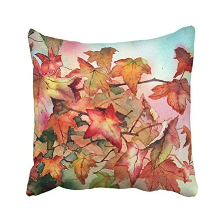 WinHome Red And Yellow Maple Leaves Autumn Fall Leaf Watercolor Drawing Decorative Pillow Cover With Hidden Zipper Decor Cushion Two Sides 18x18 inches