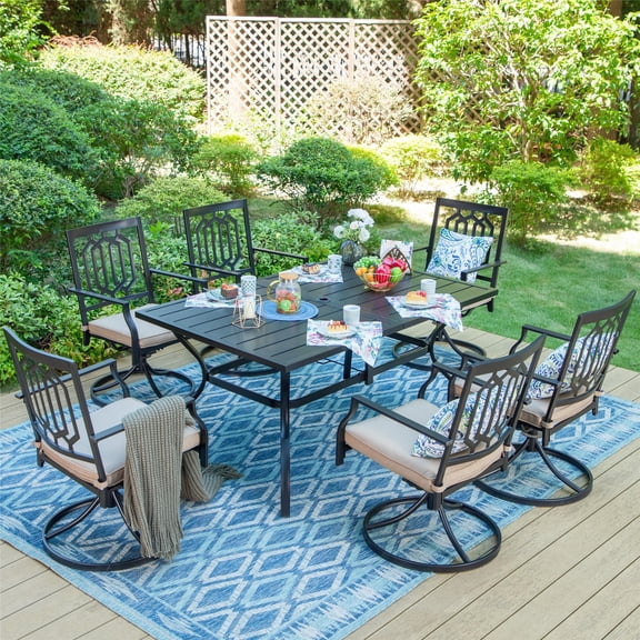 7-Piece Outdoor Patio Dining Set with Swivel Cushioned Chairs, All Weather Metal Steel Furniture, Black & Beige