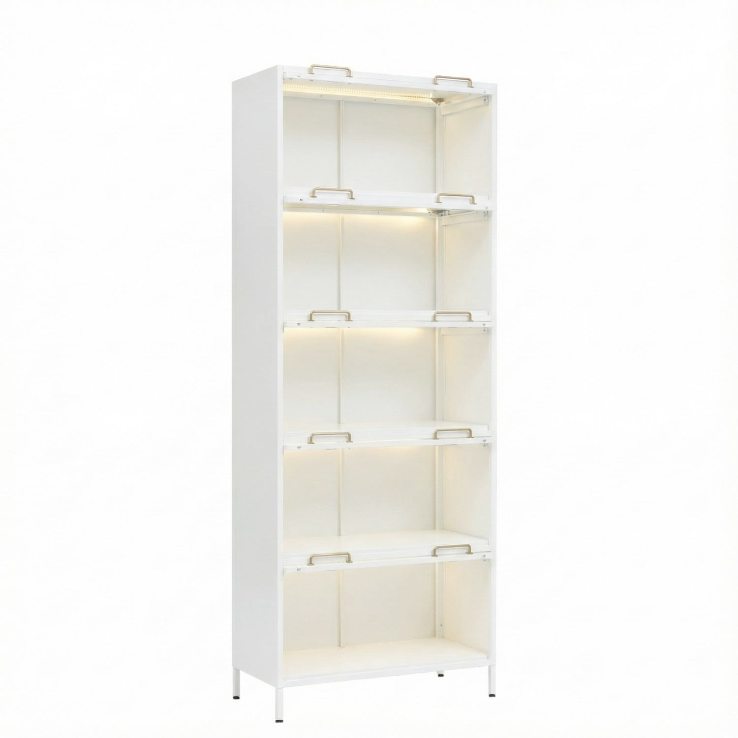 76.75" Tall Glass Display Cabinet with LED Lights, 5 Tier Iron Barrister Bookcase with Glass Doors, Modern Curio Cabinet for Collectibles Books Trophies Living Room Office Study, White