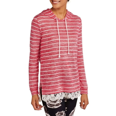 No Boundaries Juniors' Striped Lace Down Hoodie with Side Slits