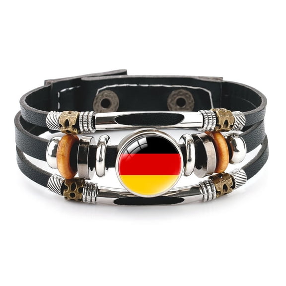 Uijokdef Country Flag Leather Bracelet, Multi-Layer Black Cowhide Design, 7.87 Inches