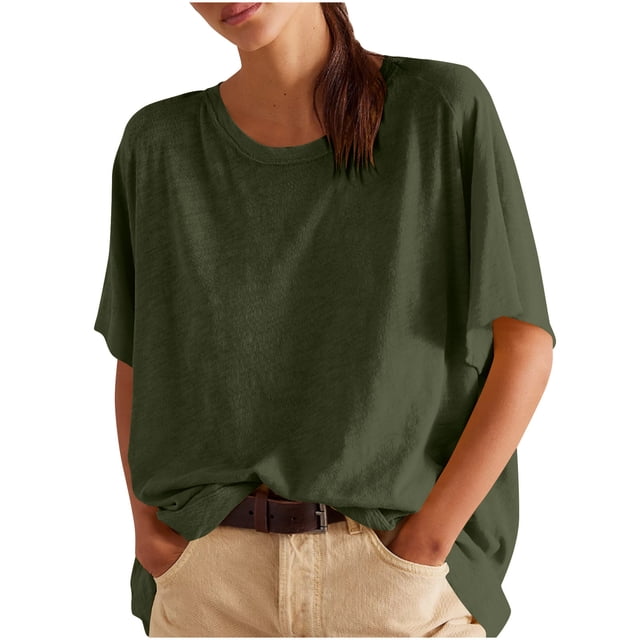 Camisas de Manga Corta para las Mujeres Casual Cuello Redondo Sólido, Mezcla de Algodón Moda de Verano Blusa Superior