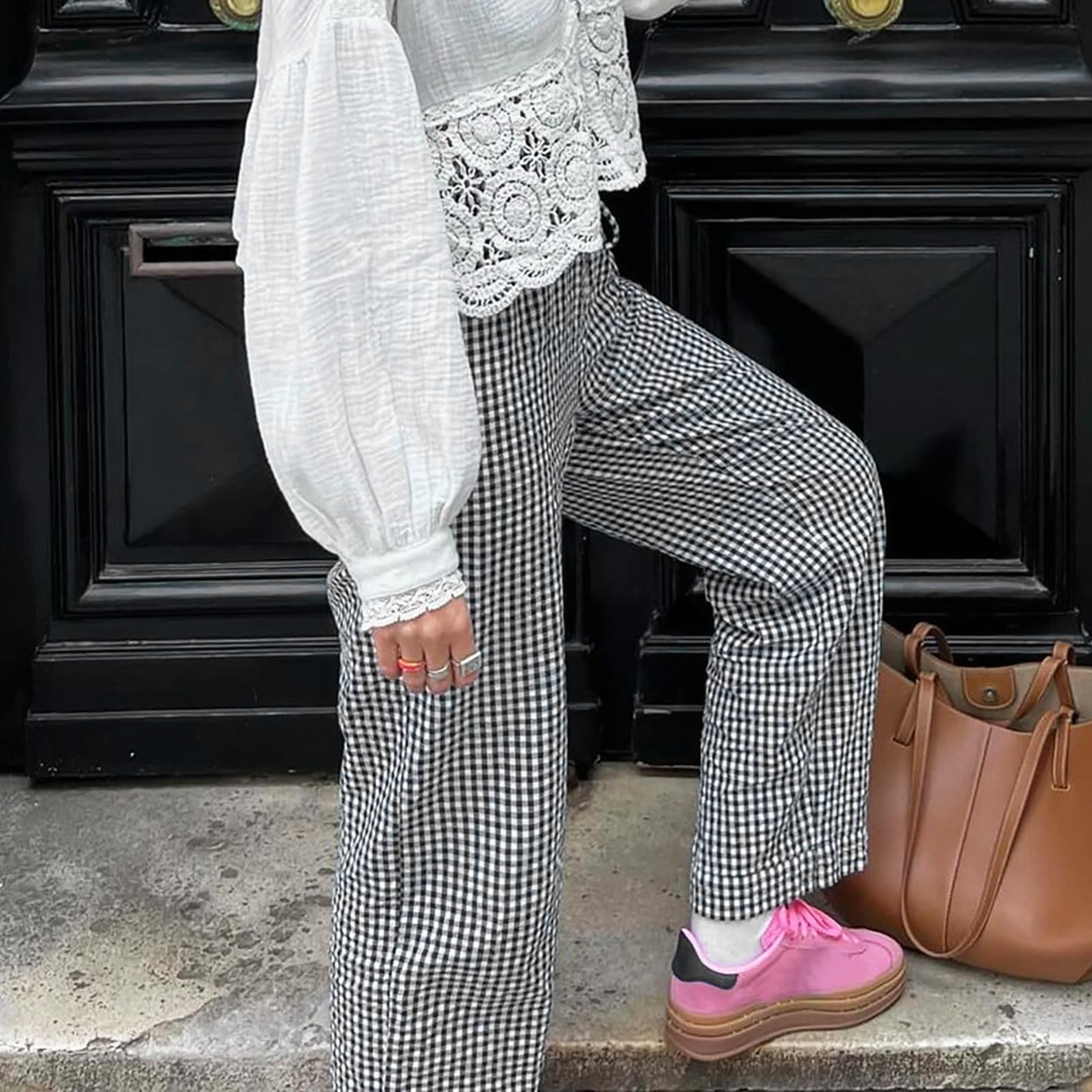 Women Plaid Pants High Waist Straight Leg Trousers Gingham Pants