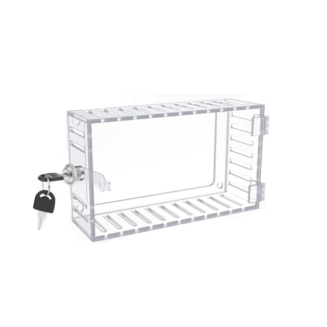 Thermostat Lock Box with Key, a clear acrylic thermostat cover designed for wall-mounted thermostats measuring 7H x 4.5W inches or smaller. Includes ventilation slots, a secure locking mechanism with two keys, and prevents tampering or unauthorized adjustments.