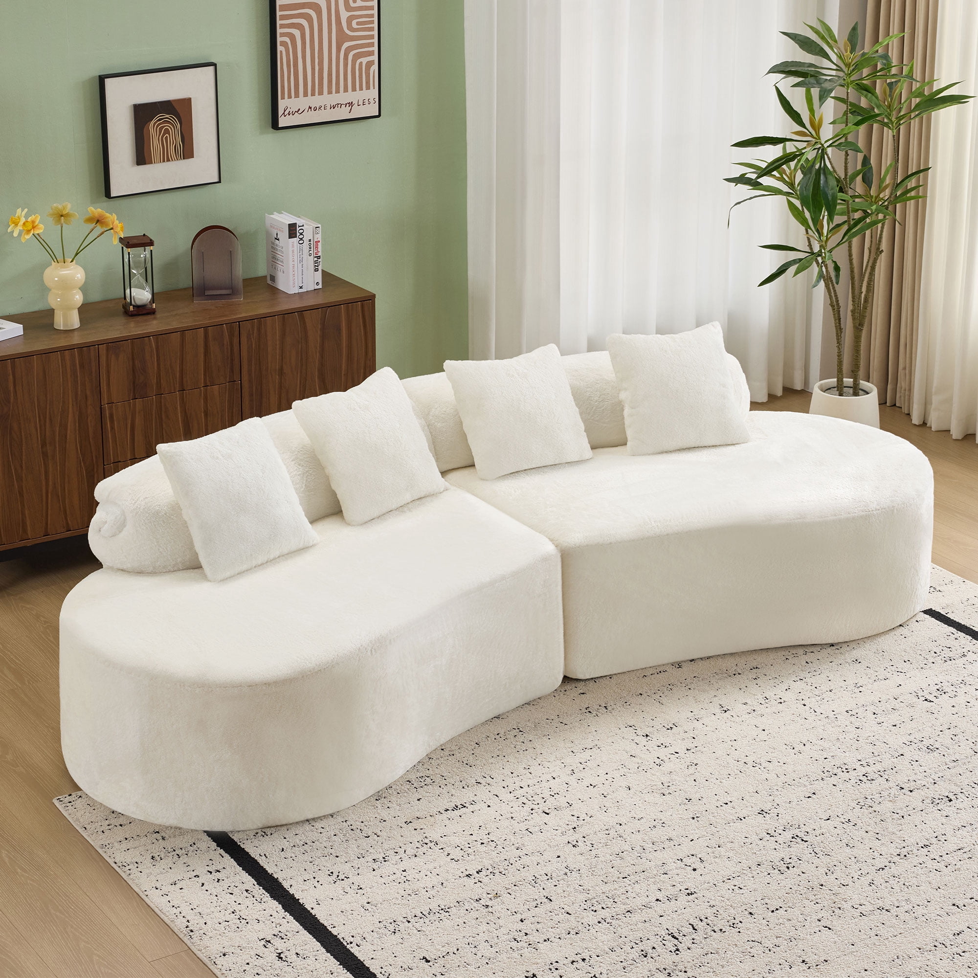 Modular Sofa, White Curved Plush Sectional with Foam Spring Support, 111-Inch Multi-Seat Sleeper for Living Room and Small Spaces