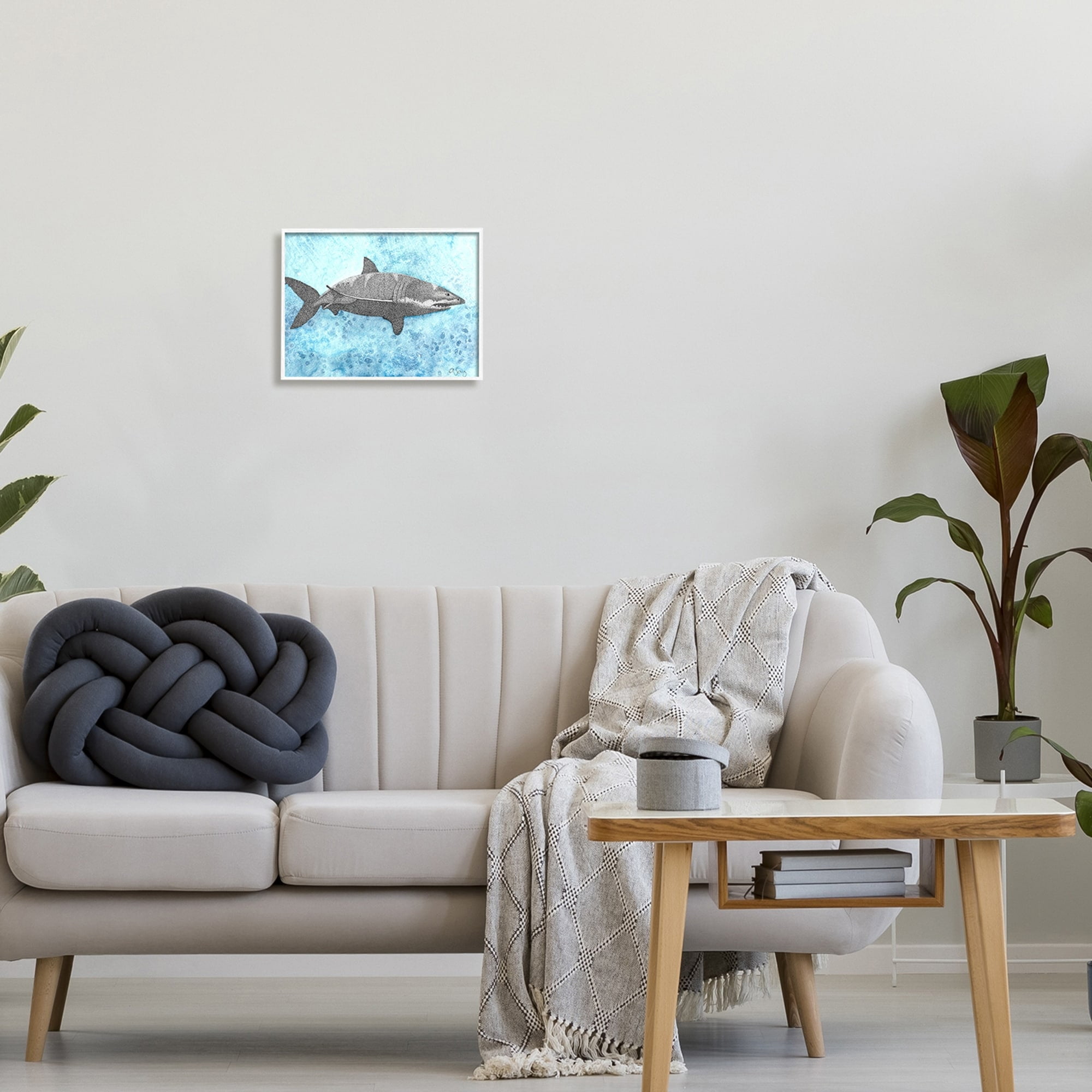 Stupell Industries Great White Shark Aqua Blue Ocean Water Splash Framed Wall Art, 14 x 11, Design by Ale Saiz Studio