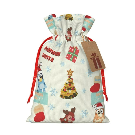 Masiiu Bluey Print Christmas Gift Bag, Burlap Drawstring Pouch with Kraft Paper Card for Holiday, Party, and Birthday Wrapping-Small