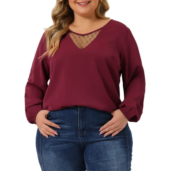 Agnes Orinda Women's Plus Size Chiffon Blouses V Neck Lace Panel Long Sleeve Casual Tops Shirts 1X Burgundy