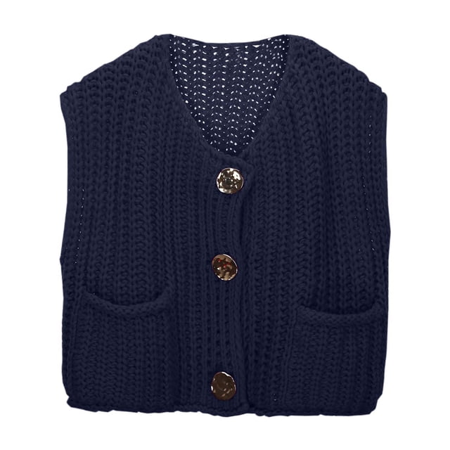 Women's Sleeveless Solid Color Pocket Button Knit Cardigan Vest Short Outerwear For Spring And Summer