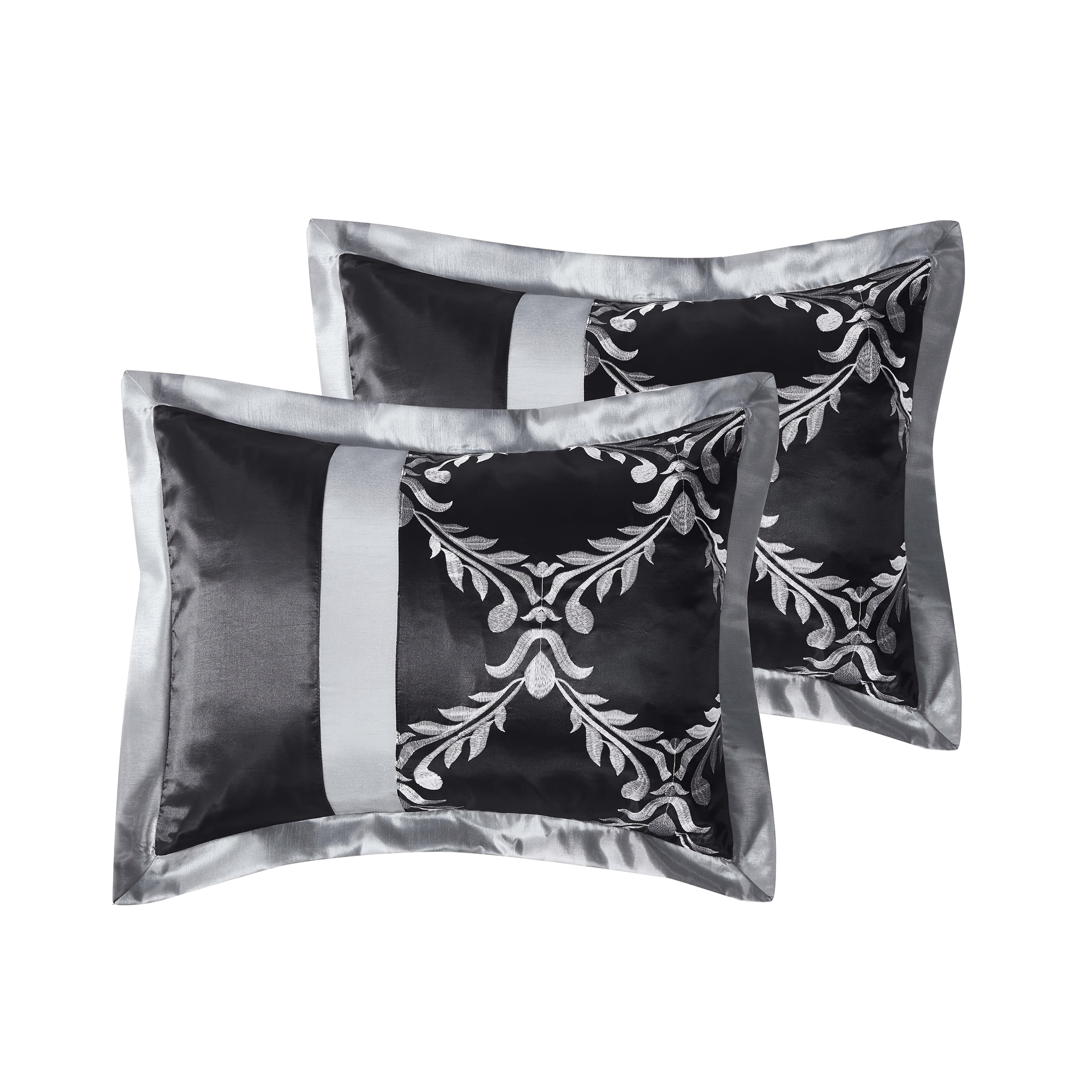 7-Piece Black and Silver Embroidered Comforter Set, Faux Silk Bedding with Decorative Pillows and Bedskirt, King