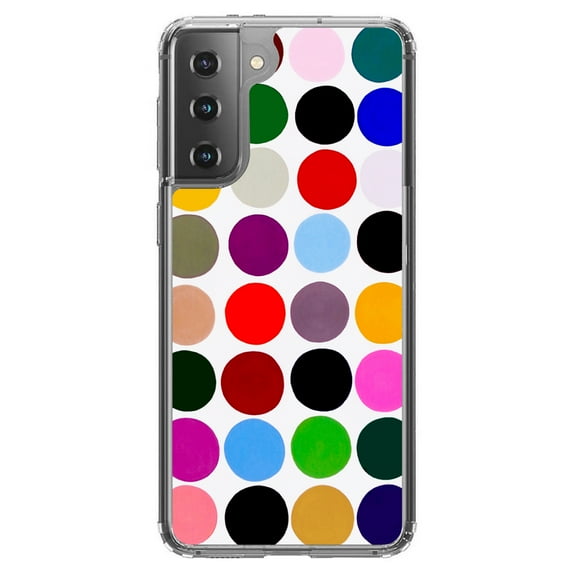 DistinctInk Clear Shockproof Hybrid Case for Galaxy S21  PLUS 5G (6.7" Screen) - TPU Bumper, Acrylic Back, Tempered Glass Screen Protector - Rainbow Polka Dots