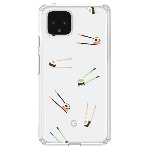 DistinctInk Clear Shockproof Hybrid Case for Google Pixel 4 (5.7" Screen) - TPU Bumper, Acrylic Back, Tempered Glass Screen Protector - Sushi with Chopsticks - Pastels