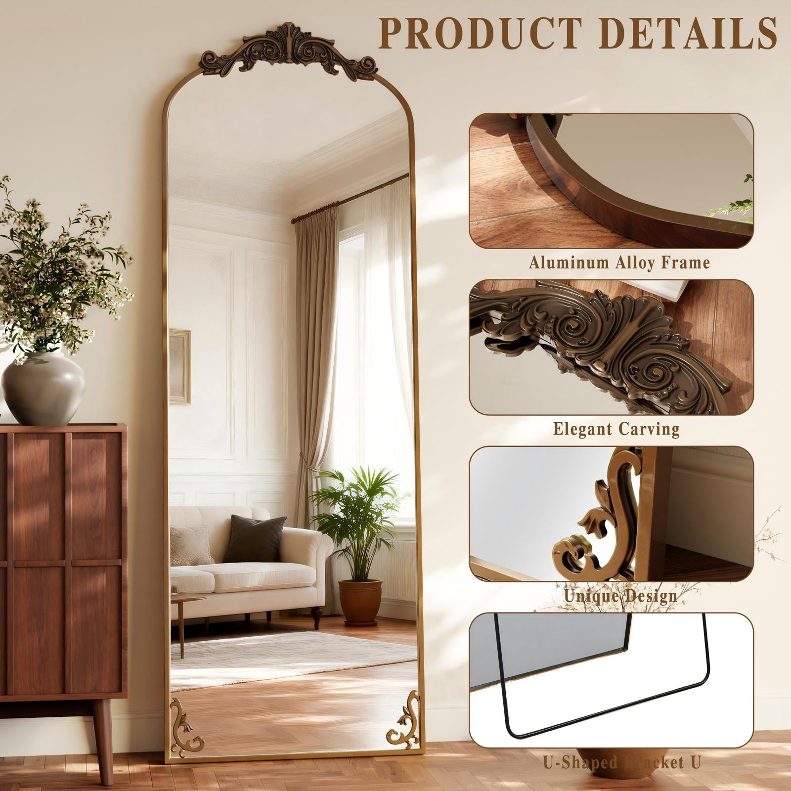 AUROMIR 64"x 21" Arched Full Length Mirror Vintage Floor Mirror with Carved Metal Frame, Antique Bronze