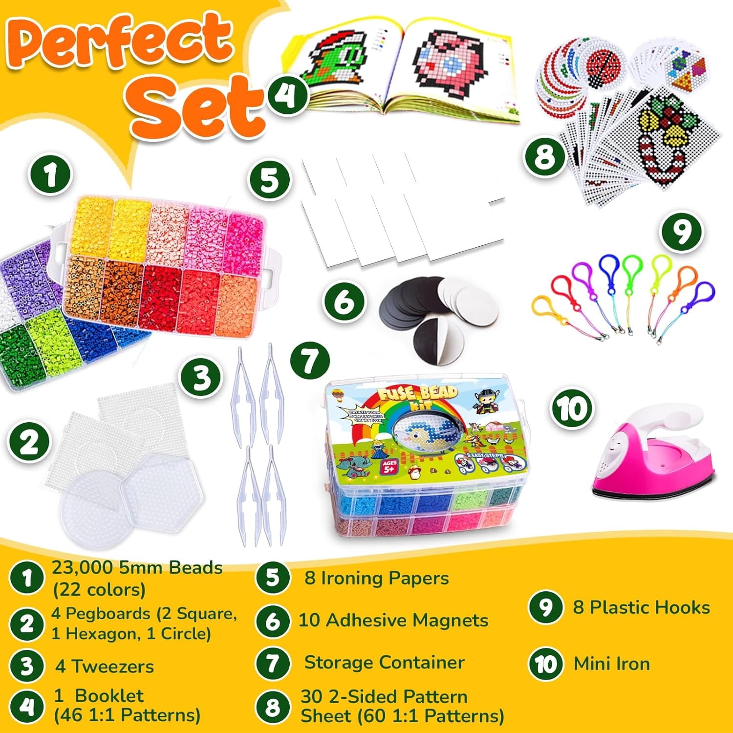 Board Fuse Beads Iron Set - Fuse Bead Kit for Kids Crafts with Bead Pegboard and Aqua Pony Beads, Pixel Art and Craft Kit (Large Set with Iron)