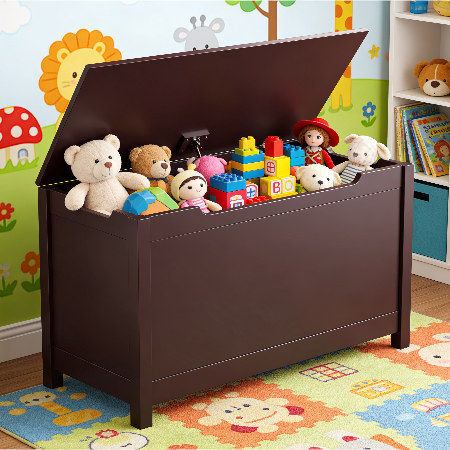 Kids Wooden Toy Box Storage Chest with Safety Hinged Lid, Coffee Brown, Sturdy Organizer for Toys Books