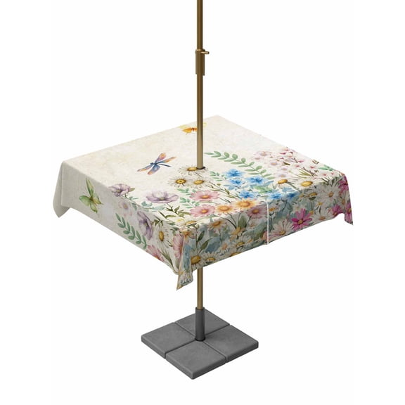 Outdoor Tablecloth with Umbrella Hole and Zipper, Colorful Floral Square Table Cloth 60x60 Inch Waterproof Tablecloth, Farmhouse Vintage Dragonfly Butterfly Flower Picnic Table Cover for Patio