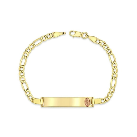 14K Yellow Gold 3.5 mm Figaro Chain Baby ID Bracelet w/ Rose Gold Guadalupe, 3 gram