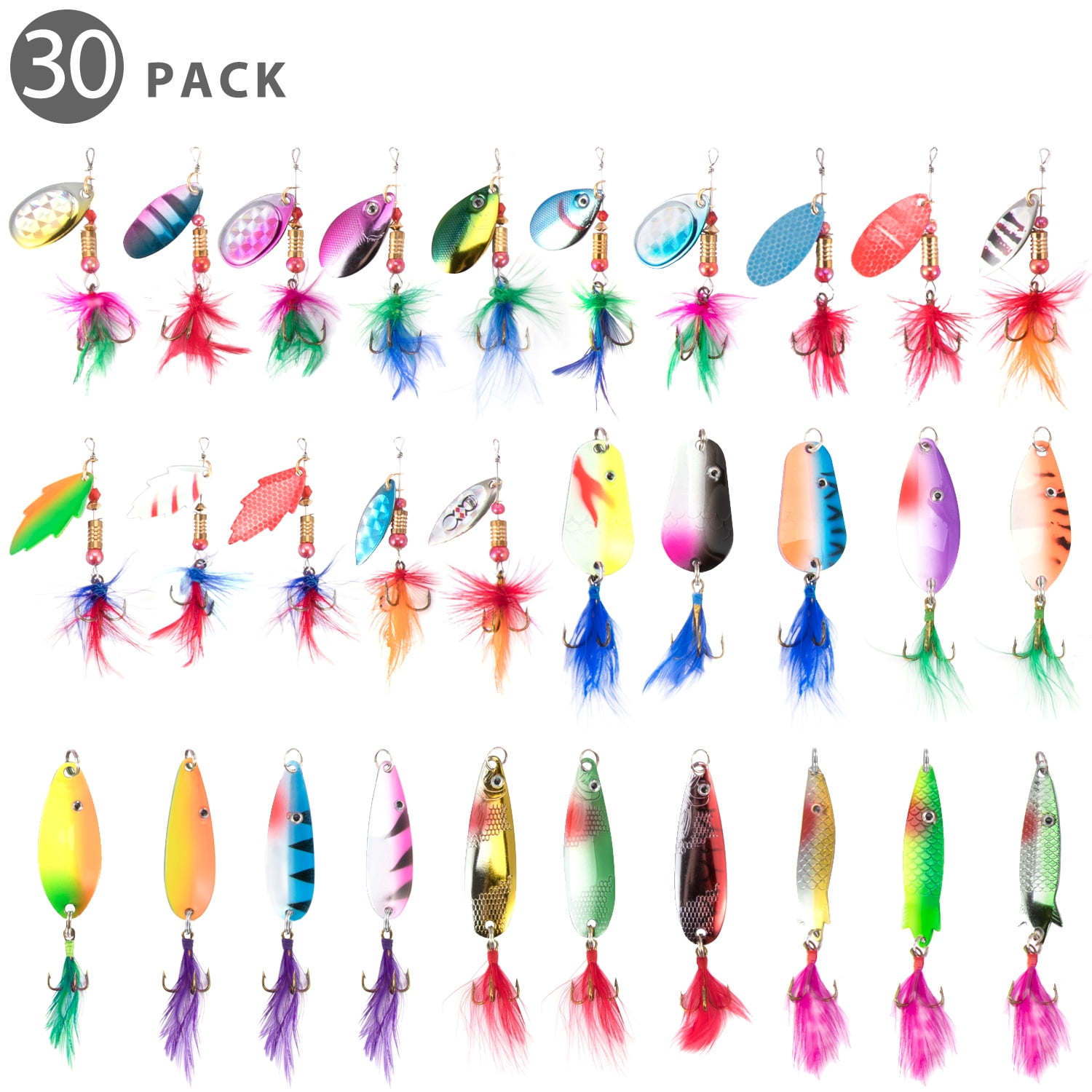 Flexzion Fishing Lures SpinnerBaits for Bass Lures Salmon Trout Colorado Blades Fishing 30pc Rooster Tail Willow Blades Assorted Fishing Gear Metal Hard Freshwater Saltwater Lure Spinner Baits