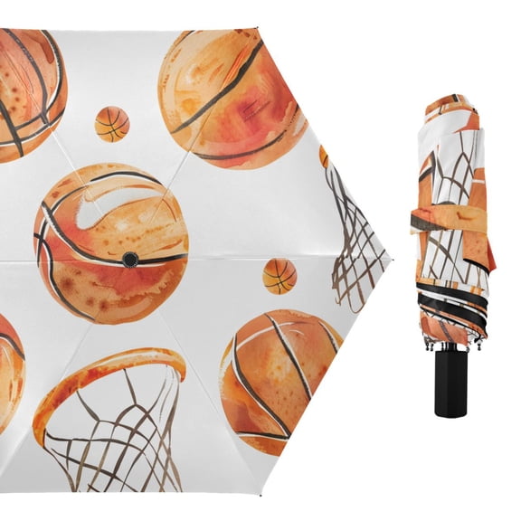 Watercolor Basketballs and Hoops All Weather Umbrella Triple Folding Parasol 6 Ribs UV Protection Portable