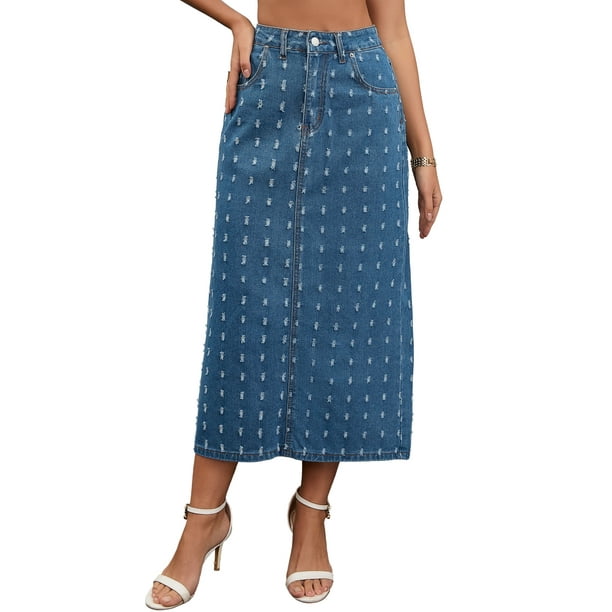 Falda de mezclilla Miaxi Inspire Chic para mujeres, de cintura alta, con puntos suizos, abertura trasera, falda de columna casual, tamaño M azul