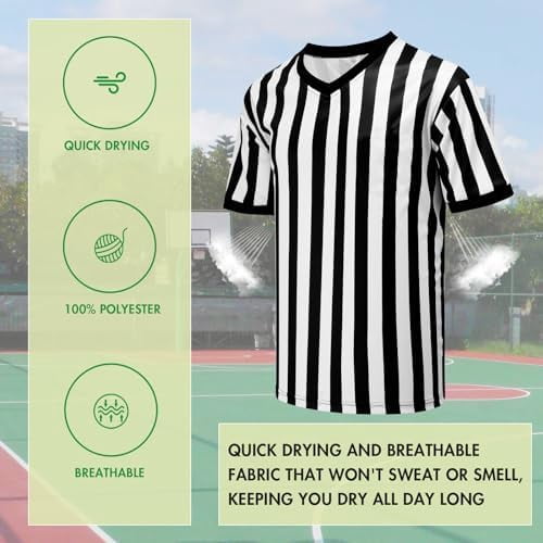 Jointown 4Pcs Referee Shirt Men V-Neck Official Ref Jersey Kit for Basketball Football Soccer Halloween Costume Flag Whistle