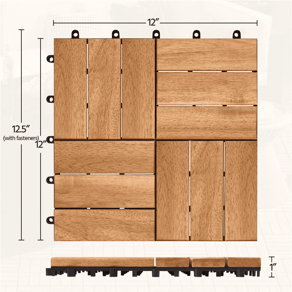 Renwick Pack of 10 Waterproof Interlocking Deck Tiles for Outdoor & Indoor 12.5″ W × 12.5″ L, Wood