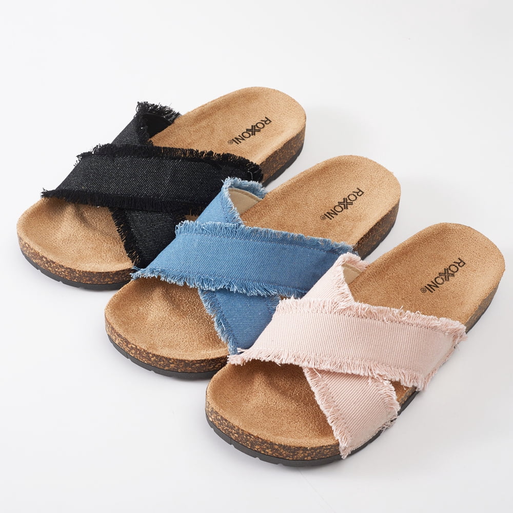 Roxoni Women’s Cross Strap Slide Sandals Denim Open Toe Comfort Slippers Cork Footbed Casual Summer Indoor Outdoor Footwear