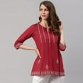 thumbnail image 1 of Janasya Indian Round Neck 3/4 Sleeve Embroidered Maroon Cotton Tunic For Women, 1 of 8