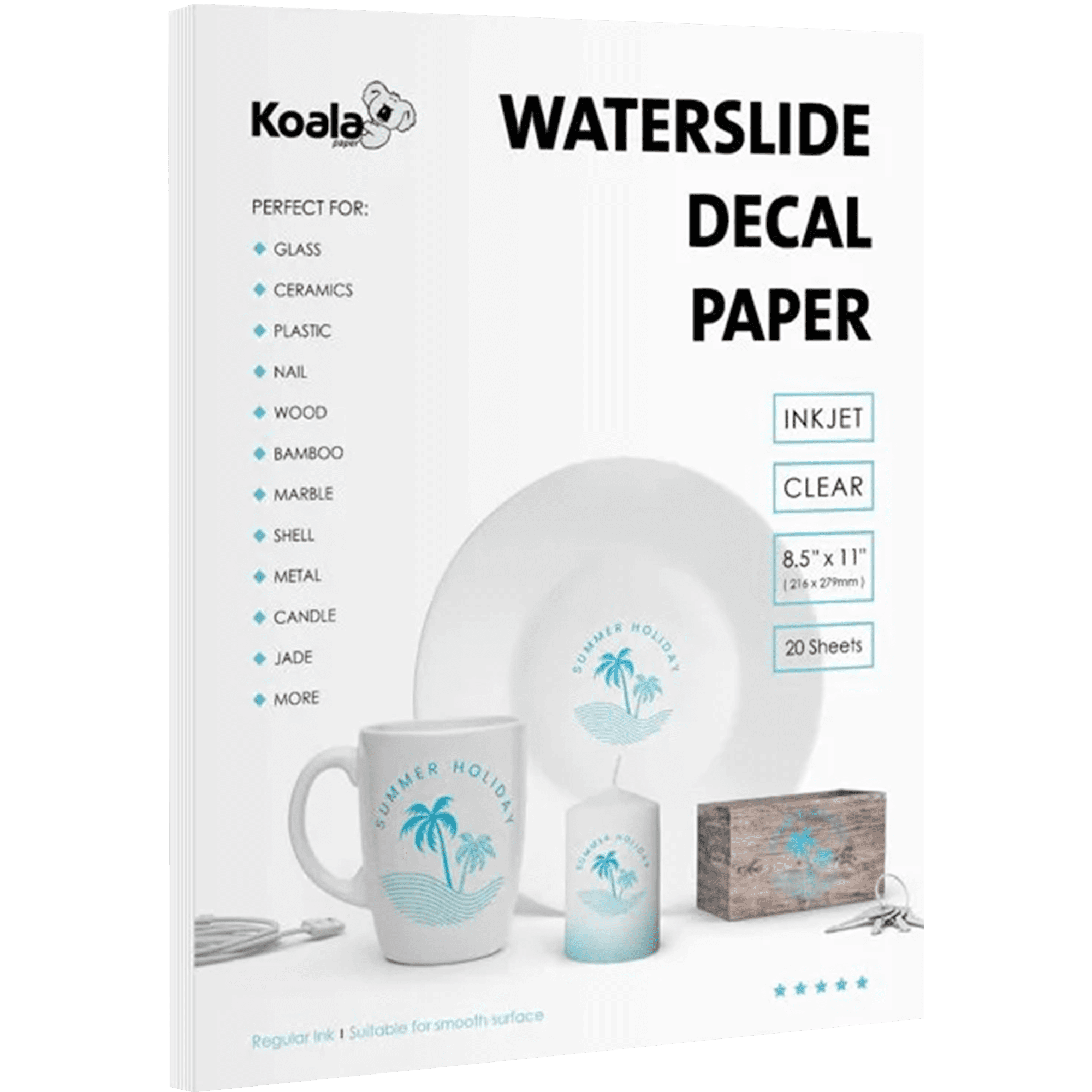 Koala Waterslide Decal Paper INKJET CLEAR, 20 Sheets 8.5x11 Inch Water