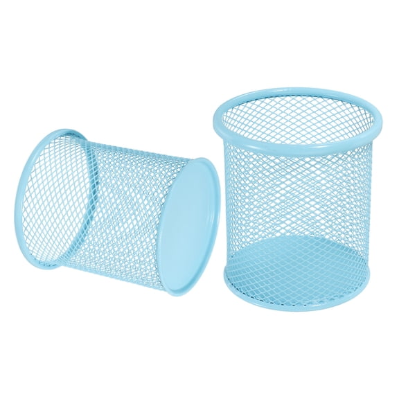 Uxcell 2Pcs Mesh Pencil Holder, Metal Pen Cup Desk Organizer Makeup Brush Cup Holder for Home, Office, Classroom(Light Blue)