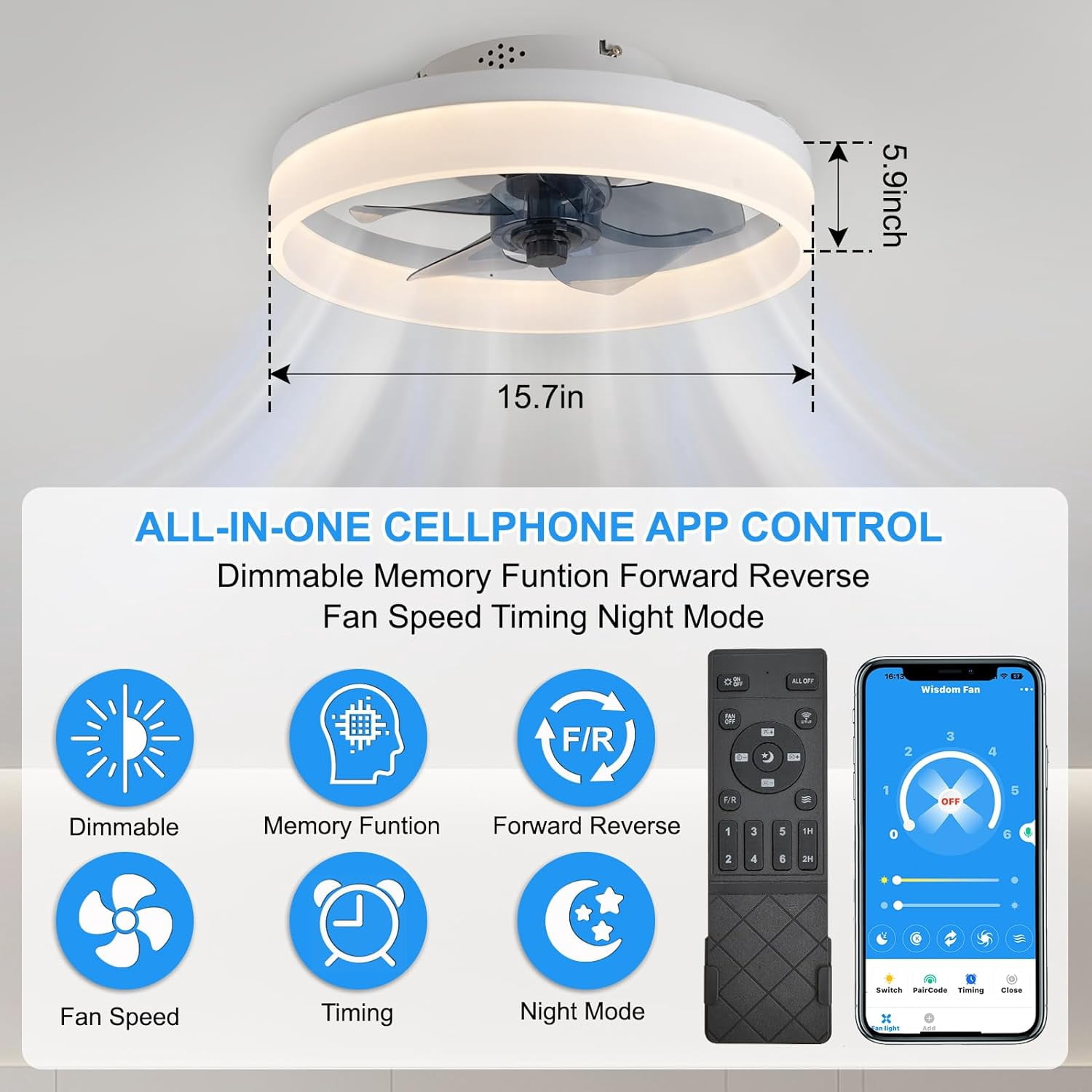 SURNIE Acrylic Modern LED Flush Mount Ceiling Fan with Remote Control