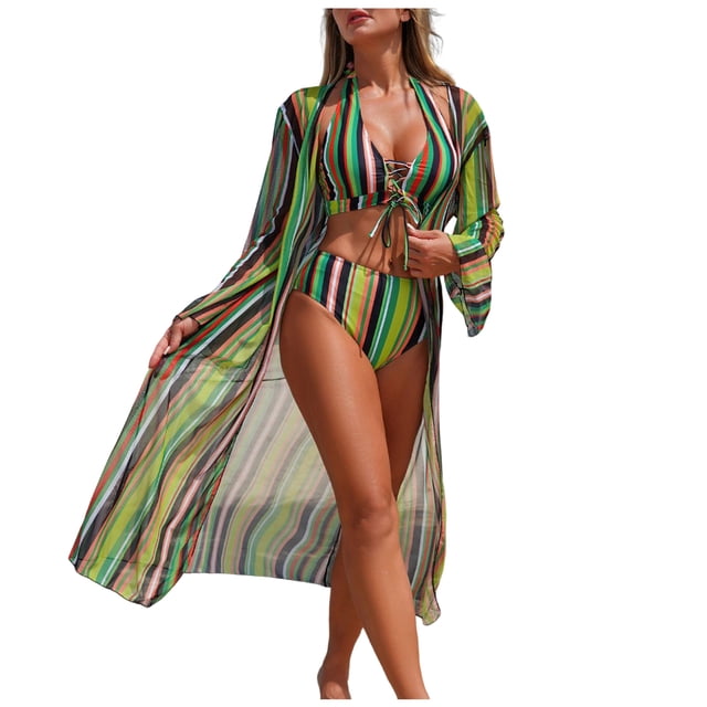 DAFEI Women's Plus Size 3 Piece Swimsuits Triangle Bikini Set with Drawstring Semi Sheer Cover Up Bathing Suit