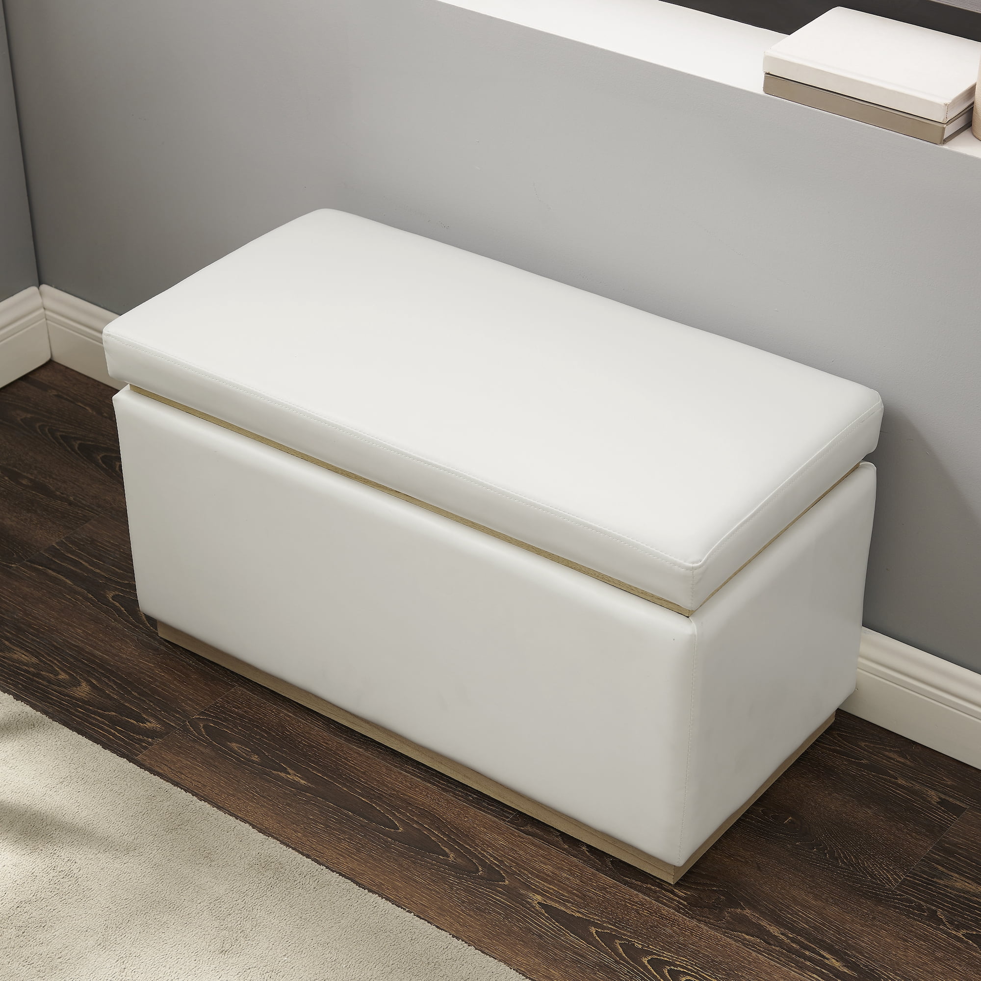 Linon Elta Rectangle Storage Ottoman, White Faux Leather