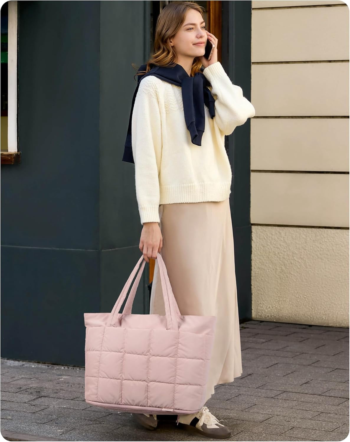 mirlewaiy Tote Bag for Women, Puffer Work Tote Handbag, Quilted Carry-On Travel Gym Bag(Light Pink)