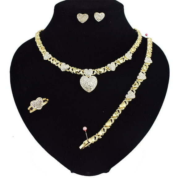 Women's Hugs & Kisses XOXO Heart Charm Necklace Set Includes Ring Bracelet & Earrings set 18k Layered Real Gold Plated