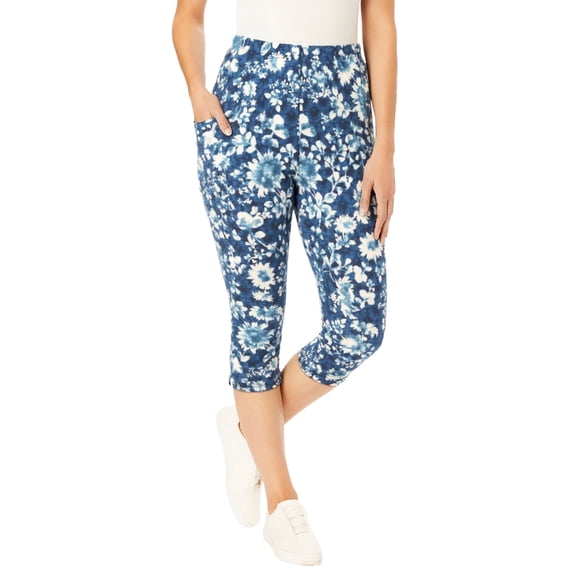 Woman Within Plus Size Petite Stretch-Cotton Knit Pull-On Printed Pocket Capri Leggings