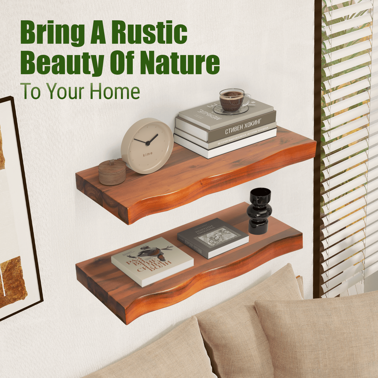 24'' Live Edge Floating Shelves Set of 2 - Thick and Heavy Floating Shelves for Wall, Rustic Shelves with Brackets for Home Decor, Farmhouse Bathroom Decor, Walnut Color, 24" x8''