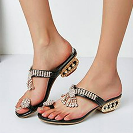 

MRULIC slippers for women Women s Spring Slippers Fashion Heel Flops With Rhinestone Summer Flip And Hollow Sandals Women s sandals house slippers for women Black + US:7.5