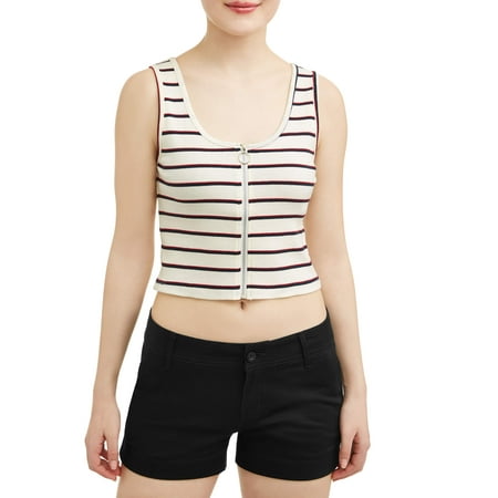 Striped Rib Knit Tanks - Juniors' Cropped Striped Zip Front Rib Knit Cropped Tank
