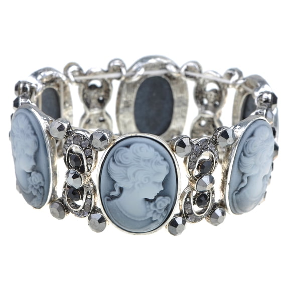 Stretchy Antique Silvery Tone Clear Crystal Rhinestones Victorian Cameo Lady Bangle Bracelet