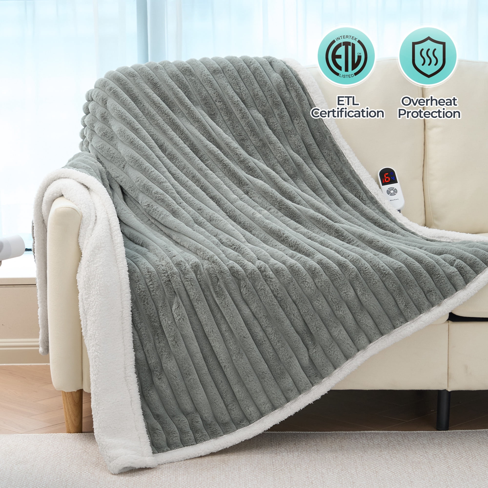 MaxKare Heated Throw Blanket, Soft Faux Fur & Shu Velvet Electric Blanket, 6 Heating Levels, 4 Hours Timer, Large LED Display, 50" x 60" Gray & White