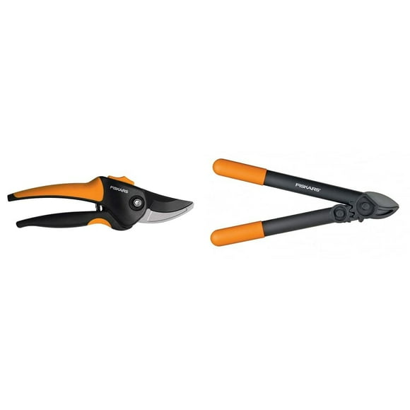 Fiskars 79436997J Softgrip Bypass Pruner, Black/Orange Small & 15 Inch PowerGear Super Pruner/Lopper