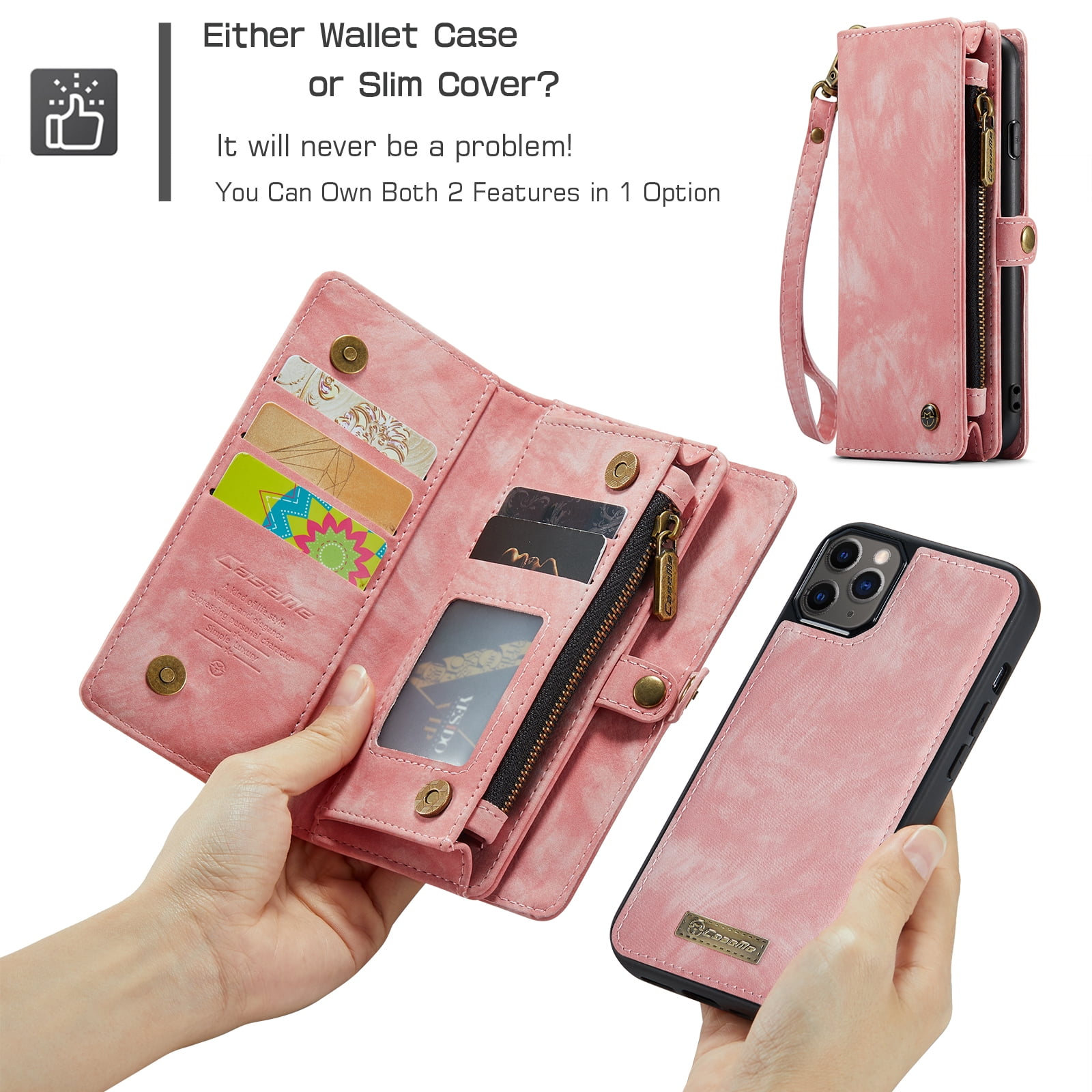 Feishell Durable 2-In-1 Magnetic Detachable Wallet Case for iPhone 11 Pro Max,for Women Men,Premium PU Leather Zipper Pocket Flip Multi Card Slots Purse Phone Case with Wrist Strap,Pink