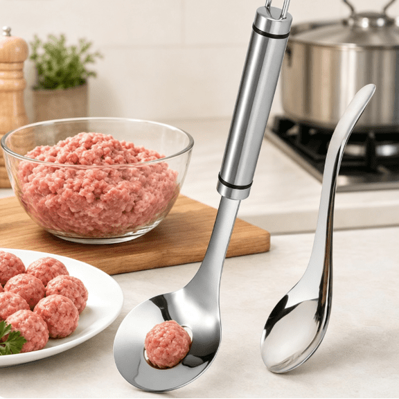 Stainless Steel Meatball Maker Set, Manual Press Tool with Spoon for Home Kitchen, Meal Prep & Appetizers
