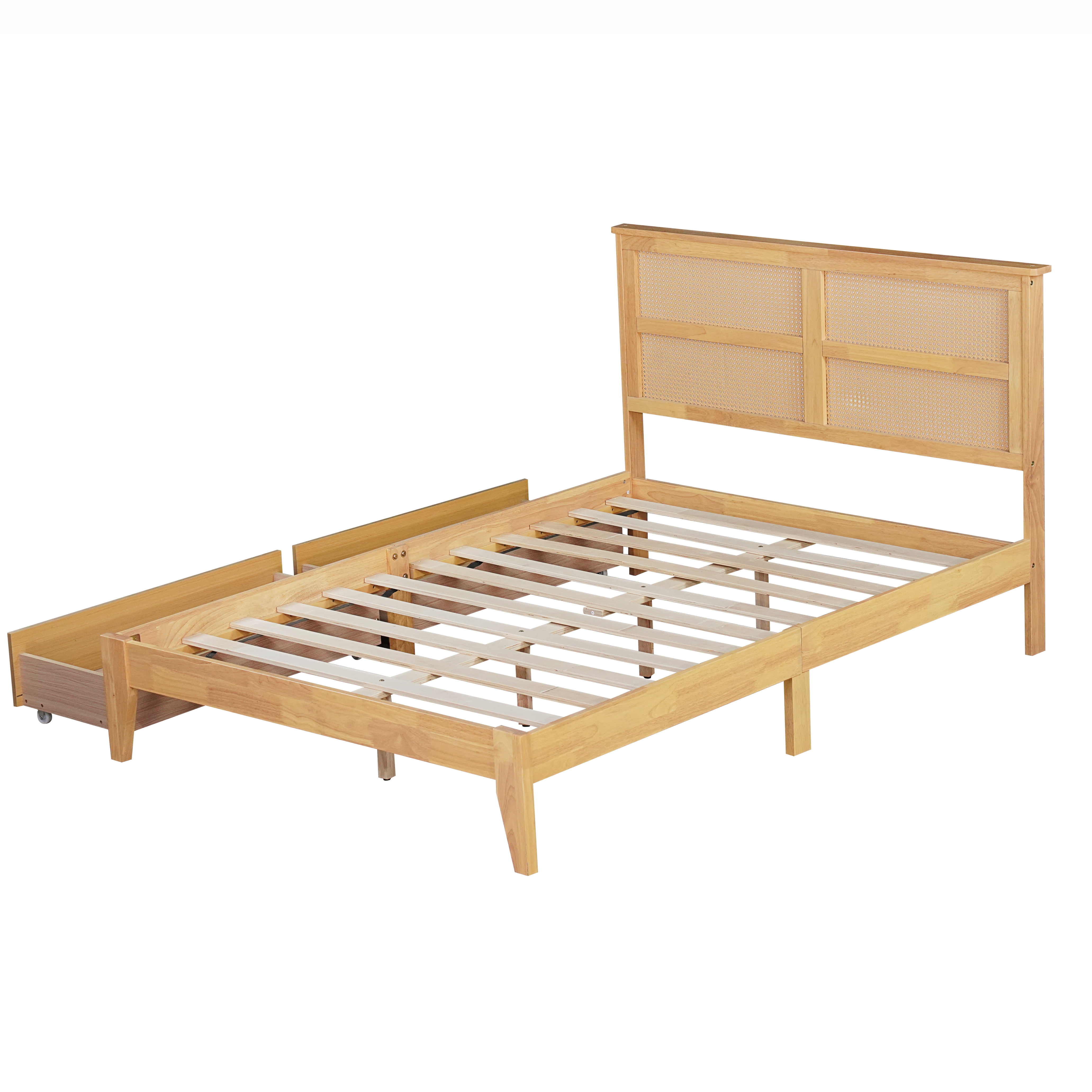 Miniyam Full Size Bed with Rattan Headboard, Storage Drawers for Adult, Oak