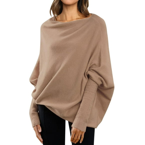 Women's Long Batwing Sleeve Boat Neck Tunic Pullover Sweater Soft Loose Fall Winter Knitted Top Casual Comfortable Elegant
