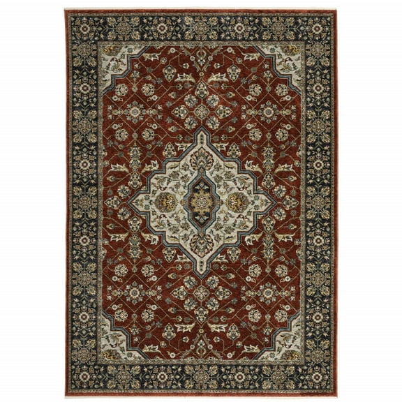 HomeRoots Red Ivory Blue Navy Gold And Grey Oriental Power Loom Stain Resistant Area Rug