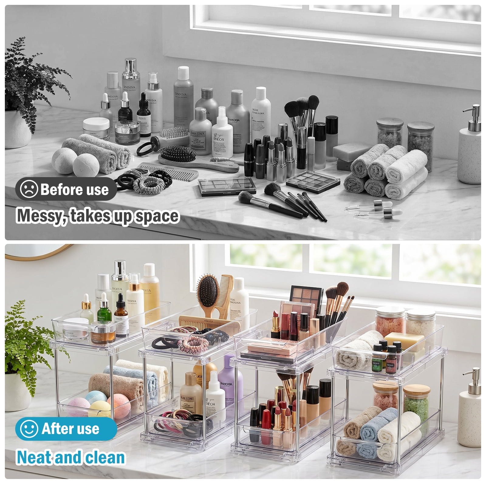 Bathroom Organizer, 4 Pack 2-Tier Clear Storage Container with Sliding Track, Under Sink & Countertop Organizer for Cabinet Drawers, Kitchen Pantry Organization