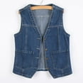 thumbnail image 4 of dazeni Prime Day Deals Today Womens Denim Jean Vest Classic Cropped Lapel Sleeveless Jean Jacket Button Up Jean Waistcoat Jacket with Pockets, 4 of 4