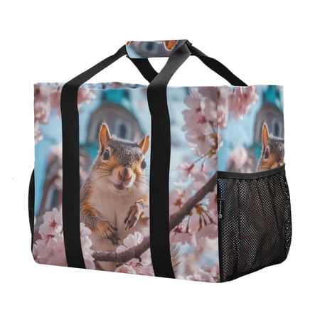 YAZAOO Mesh Beach Bags Totes Foldable Multiple Pockets Creatively Squirrel s Spring Smile Printed